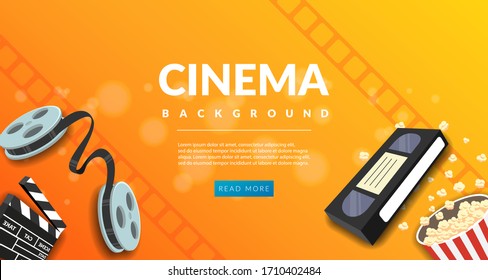 Movie film banner design template. Cinema concept with popcorn, filmstrip and film clapper. Theater cinematography poster. Online cinema art movie watching. Movie vector background.