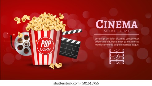 Movie Film Banner Design Template. Cinema Concept With Popcorn, Filmstrip And Film Clapper. Theater Cinematography Poster.