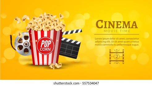 Movie film banner design template. Cinema concept with popcorn, filmstrip and film clapper. Theater cinematography poster