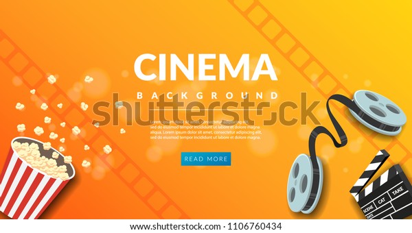 Movie film\
banner design template. Cinema concept with popcorn, filmstrip and\
film clapper. Theater cinematography poster. Online cinema art\
movie watching. Movie vector\
background.
