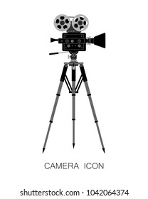 Movie Film Camera Icon on Tripod isolated on White. Vector Illustration. Design for Cinema, TV, Web, Show, Posters, Tickets.