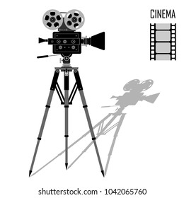 Movie Film Camera Icon on Tripod with Shadow isolated on White. Vector Illustration. Design for Cinema, TV, Web, Show, Posters, Tickets.