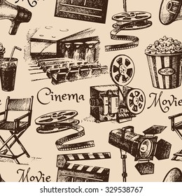 Movie film cinema seamless pattern. Hand drawn vintage illustration