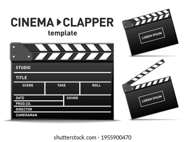 Movie film clap board template. Opened and close up cinema clapper. Vector on transparent background 