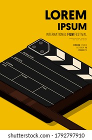 Movie film and clapper board poster design template background with isometric clapperboard and film reel. Design element can be used for backdrop, banner, brochure, leaflet, flyer, publication, vector illustration