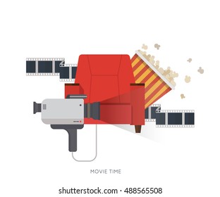 Movie and film concept,design on home movie watching with sofa,popcorn,camera,film. For web, graphic,motion design