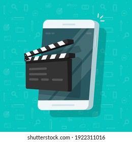 Movie or film creation via mobile cell phone icon flat cartoon, creating video or multimedia content idea via cellphone, smartphone with clapperboard clacker slate on screen