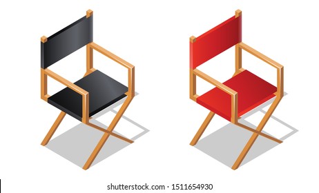 Movie or film director chair isometric icon with shadow, cartoon vector illustration. Foldable black and red wooden 3d seats for producer or actor isolated on a white background