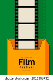 Movie and film festival poster design template background with vintage filmstrip. Can be used for backdrop, banner, brochure, leaflet, flyer, print, publication, vector illustration