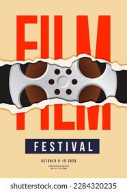 Movie and film festival poster design template backgroundn with film reel. Can be used for backdrop, banner, brochure, leaflet, flyer, print, publication, vector illustration