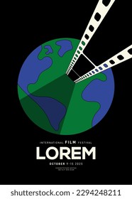 Movie and film festival poster design template background with filmstrip. Can be used for backdrop, banner, brochure, leaflet, flyer, print, publication, vector illustration