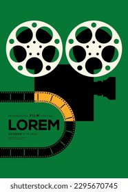 Movie and film festival poster design template background with vintage film camera. Can be used for backdrop, banner, brochure, leaflet, flyer, print, publication, vector illustration