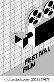 Fondo de diseño de afiches de cine y festival de cine con cámara de cine vintage. Puede utilizarse para el fondo, el banner, el folleto, el folleto, el volante, la impresión, la ilustración vectorial