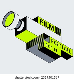 Estilo isométrico del fondo de la plantilla de diseño de afiches de películas y festivales de cine.  El elemento de diseño se puede utilizar para el fondo, el banner, el folleto, el volante, la impresión, la publicación, la ilustración vectorial