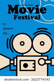 Movie and film festival poster design template background. Vintage retro film camera and film reel outline. Design element can used for leaflet, flyer, brochure, print, invitation, vector illustration
