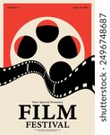 Movie and film festival poster template design background. Film reel and filmstrip vintage retro style. Design element can be used for  banner, brochure, leaflet, flyer, print, vector illustration