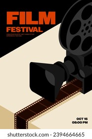 Movie and film festival poster template design background modern vintage retro style with isometric camera. Design element can be used for  banner, brochure, leaflet, flyer, print, vector illustration