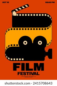 Film- und Filmfestival Poster-Design Hintergrund Vintage Retro-Stil mit Filmstreifen. Design-Element kann für Banner, Broschüren, Broschüren, Flyer, Druck, Vektorgrafik verwendet werden