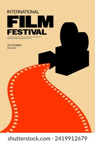 Movie and film festival poster template design background vintage retro style with camera and filmstrip. Design element can be used for  banner, brochure, leaflet, flyer, print, vector illustration