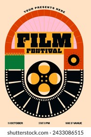 Movie and film festival poster template design background vintage retro style with filmstrip. Design element can be used for  banner, brochure, leaflet, flyer, print, vector illustration