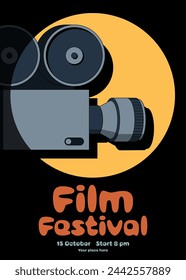 Movie and film festival poster template design with vintage film camera. Design element can be used for  banner, brochure, leaflet, flyer, print, vector illustration