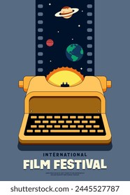 Movie and film festival poster template design with vintage typewriter and filmstrip. Design element can be used for background, banner, brochure, leaflet, flyer, print, vector illustration