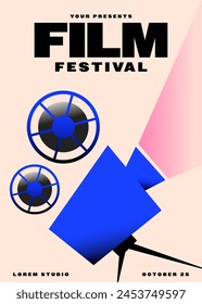 Movie and film festival poster template design with vintage film camera. Design element can be used for  banner, brochure, leaflet, flyer, print, vector illustration