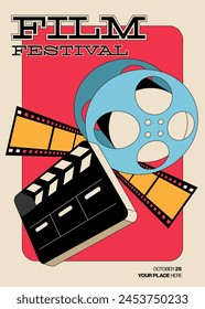 Movie and film festival poster template design with film reel and clapperboard. Design element can be used for  banner, brochure, leaflet, flyer, print, vector illustration