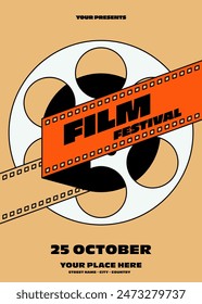 Movie and film festival poster template design with filmstrip modern vintage retro style. Design element can be used for  banner, brochure, leaflet, flyer, print, vector illustration