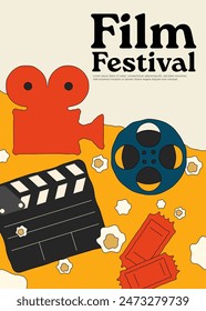 Movie and film festival poster template design with film element flat design style. Design element can be used for  banner, brochure, leaflet, flyer, print, vector illustration