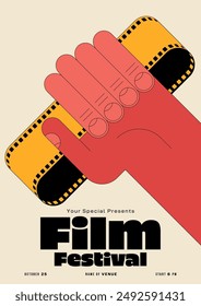 Movie and film festival poster template design modern vintage retro style. Minimal geometric shape of filmstrip and hand. Design element can be used for banner, brochure, print, vector illustration
