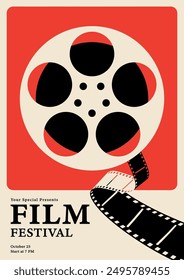 Movie and film festival poster template design. Film reel and filmstrip vintage retro style. Design element can be used for  banner, brochure, leaflet, flyer, print, vector illustration