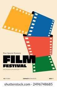 Film und Filmfestival Poster Vorlage Design Hintergrund. Farbiger Filmstreifen ist in einem Knoten gebunden. Design-Element kann für Banner, Broschüre, Broschüre, Flyer, Druck, Vektorgrafik verwendet werden