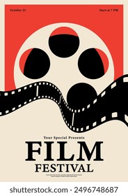 Movie and film festival poster template design background. Film reel and filmstrip vintage retro style. Design element can be used for  banner, brochure, leaflet, flyer, print, vector illustration