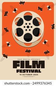 Movie and film festival poster template design modern vintage retro style. People gather together walk toward to film reel on orange background. Used for print, brochure, flyer, Vector illustration