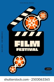 Movie and film festival poster template design. Clapperboard connect with fill reel isolated on blue background. Design element can be used for flyer, brochure, invitation, print, vector illustration