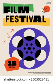 Movie and film festival poster template design. Minimal film reel flat design style with geometric shape. Can be used for backdrop, brochure, flyer, banner, vector illustration