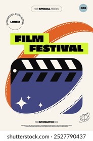 Movie and film festival poster template design decorated with film slate and filmstrip minimal style. Design element can be used for flyer, brochure, print, leaflet, vector illustration