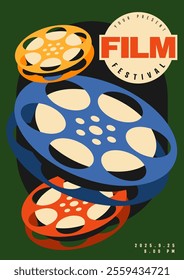 Movie and film festival poster template design background with isometric film reel vintage retro style. Can used for flyer, banner, brochure, print, vector illustration