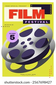 Movie and film festival poster template design background with isometric metallic film reel isolated on neon green background. Can used for flyer, banner, brochure, print, vector illustration