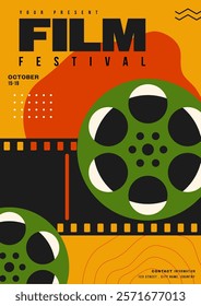 Movie and film festival poster template design background with minimal film reel and filmstrip vintage retro style. Can used for flyer, banner, brochure, print, vector illustration