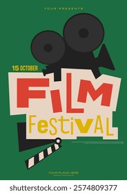 Movie and film festival poster template design background with vintage film camera and clapperboard minimal style. Design element can used for flyer, banner, brochure, print, vector illustration