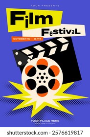 Movie and film festival poster template design background with film slate and film reel minimal modern style. Design element can used for flyer, banner, brochure, print, vector illustration