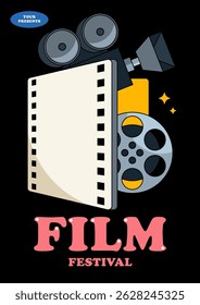 Movie and film festival poster template design background. Vintage camera, filmstrip, and film reel. Can be used for flyer, banner, brochure, print, advertisement, vector illustration