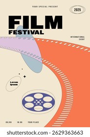 Movie and film festival poster template design background. Vintage retro film reel and filmstrip. Can used for flyer, banner, brochure, print, invitation, advertisement, vector illustration