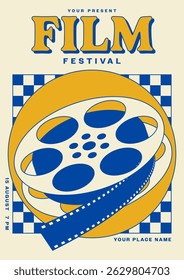Fundo do projeto do modelo do cartaz do festival de cinema e cinema. Carretel de filme com padrão xadrez estilo vintage moderno. Pode ser usado para folheto, banner, brochura, impressão, anúncio, ilustração vetorial