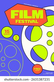 Movie and film festival poster template design. Outline film reel on neon purple background. Can be used for flyer, banner, brochure, print, advertisement, vector illustration