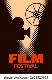 Movie and film festival poster template design. Vintage camera and film reel on beige halftone. Can used for flyer, banner, brochure, print, invitation, advertisement, vector illustration