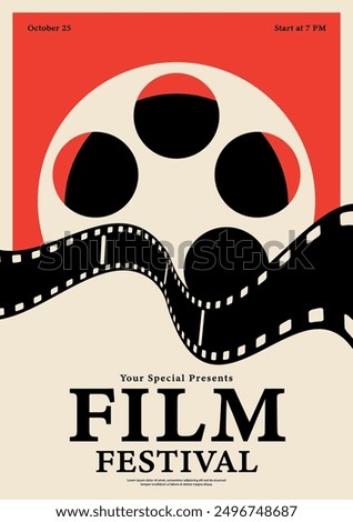 Movie and film festival poster template design background. Film reel and filmstrip vintage retro style. Design element can be used for  banner, brochure, leaflet, flyer, print, vector illustration