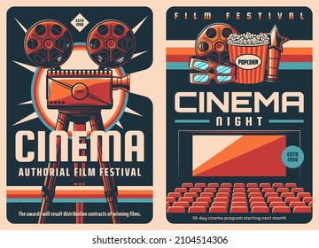 Movie film festival retro posters with vector cinema or movie theater, vintage video projector, film reels and popcorn bucket, 3d glasses and cinematography award. Entertainment event banners